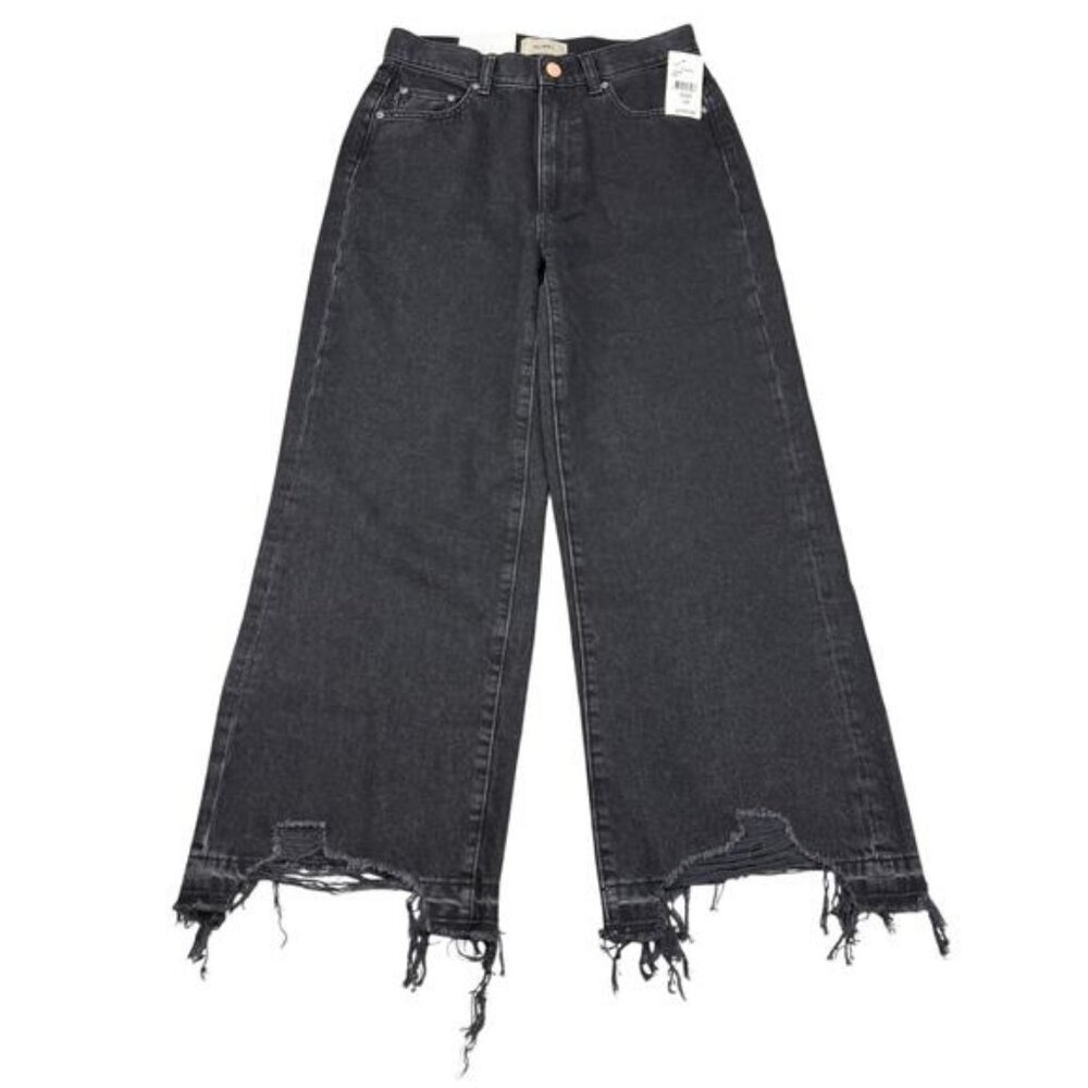 DL1961 Hepburn Wide Leg Distressed High Rise Jean Raw Hem 24 Lark Washed Black - Picture 3 of 10